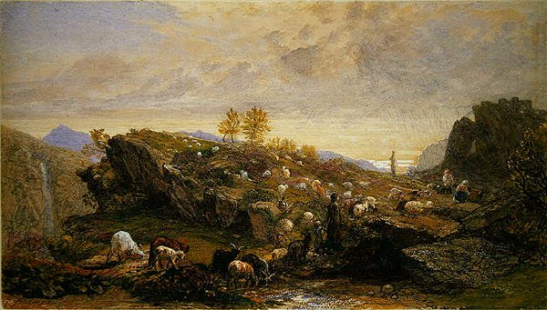 Contadini con pecore e capre in un paesaggio roccioso da Samuel Palmer