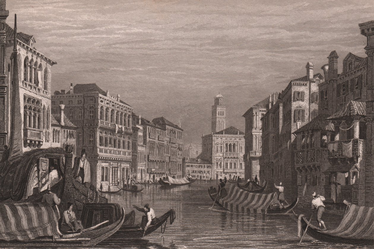 Gondole sul Canal Grande, Venezia, Veneto, Italia, incisione in acciaio da un disegno di Samuel Prout (1783-1852), circa 15x11.5 cm da Samuel Prout