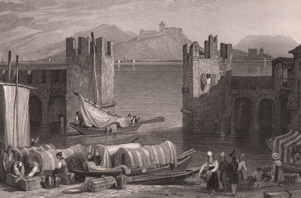 Veduta del castello di Angera ad Arona, Lago Maggiore, Piemonte, Italia (incisione su acciaio) da Samuel Prout