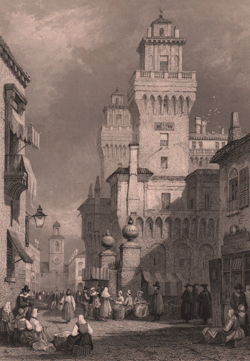 Veduta del Castello Estense, Ferrara, Emilia-Romagna, Italia, incisione in acciaio di John Godfrey (ca 1817-1889) dopo un disegno di Samuel Prout (1783-1852), ca 26x17 cm, pubblicato da Blackie and Son da Samuel Prout