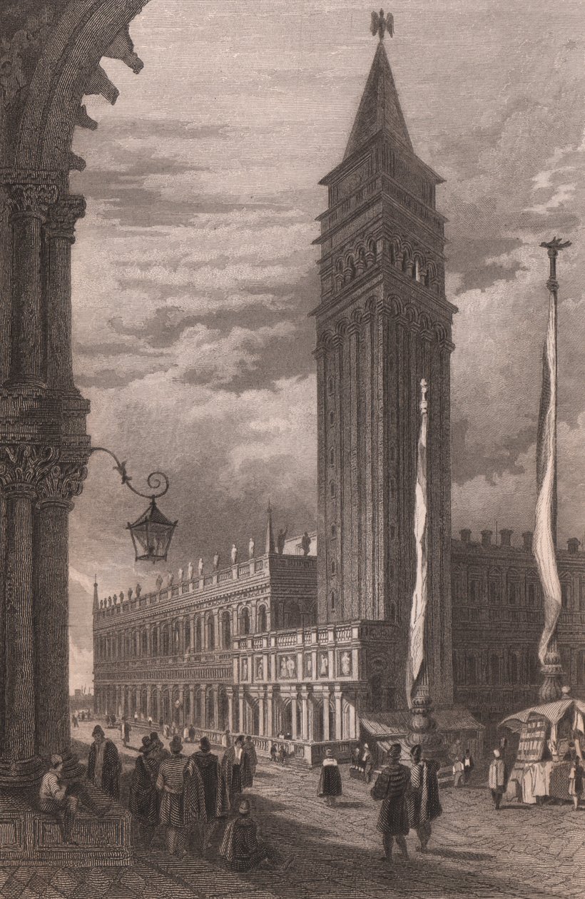 Veduta del Campanile di San Marco a Venezia, Veneto, Italia, incisione in acciaio da un disegno di Samuel Prout (1783-1852), circa 15x11.5 cm da Samuel Prout