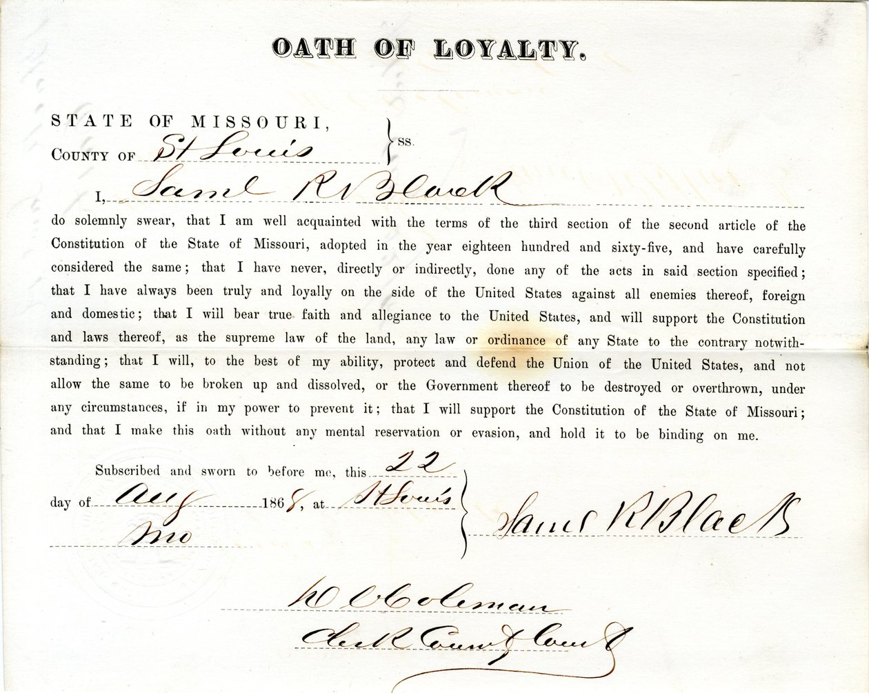 Giuramento di fedeltà di Samuel R. Black del Missouri, Contea di St. Louis da Samuel R. Black