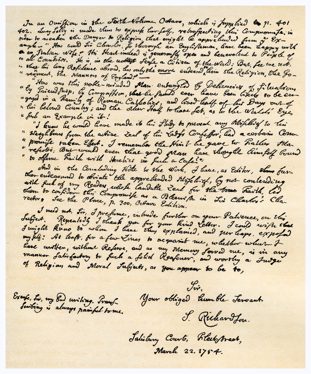 Lettera di Samuel Richardson, 22 marzo 1754 da Samuel Richardson