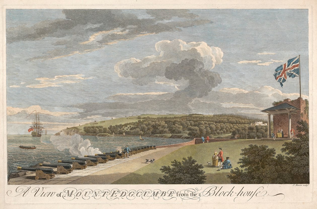 Una vista del Monte Edgcumbe dalla Block House, pub. 1755 da Samuel Scott
