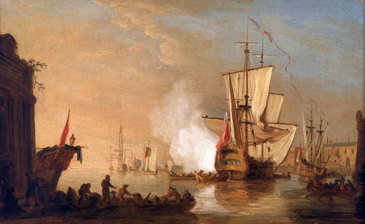 Nave da guerra britannica che spara il cannone per salutare, all