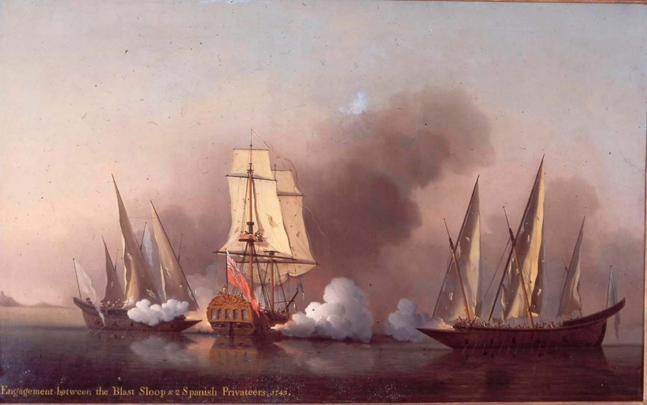 Il combattimento tra il Blast Sloop e due corsari spagnoli da Samuel Scott