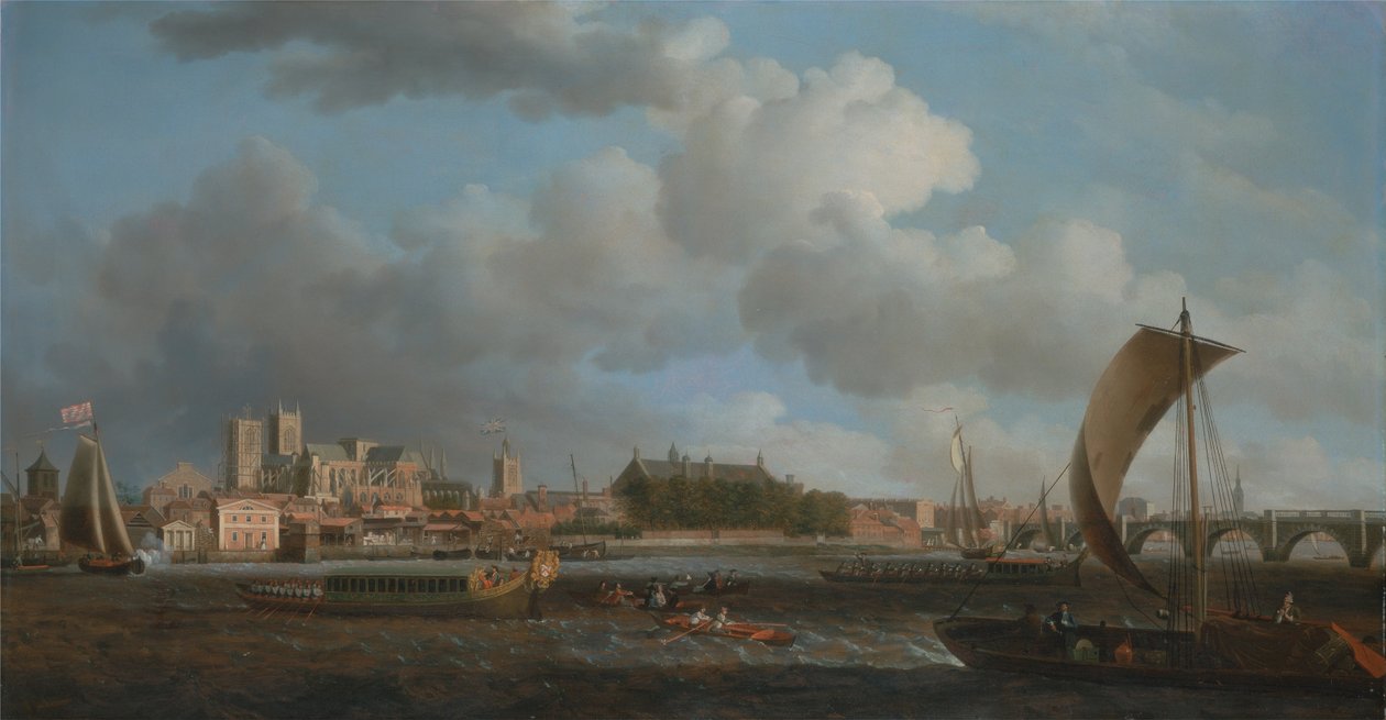 Westminster da Lambeth, con la barca cerimoniale della Ironmongers Company da Samuel Scott