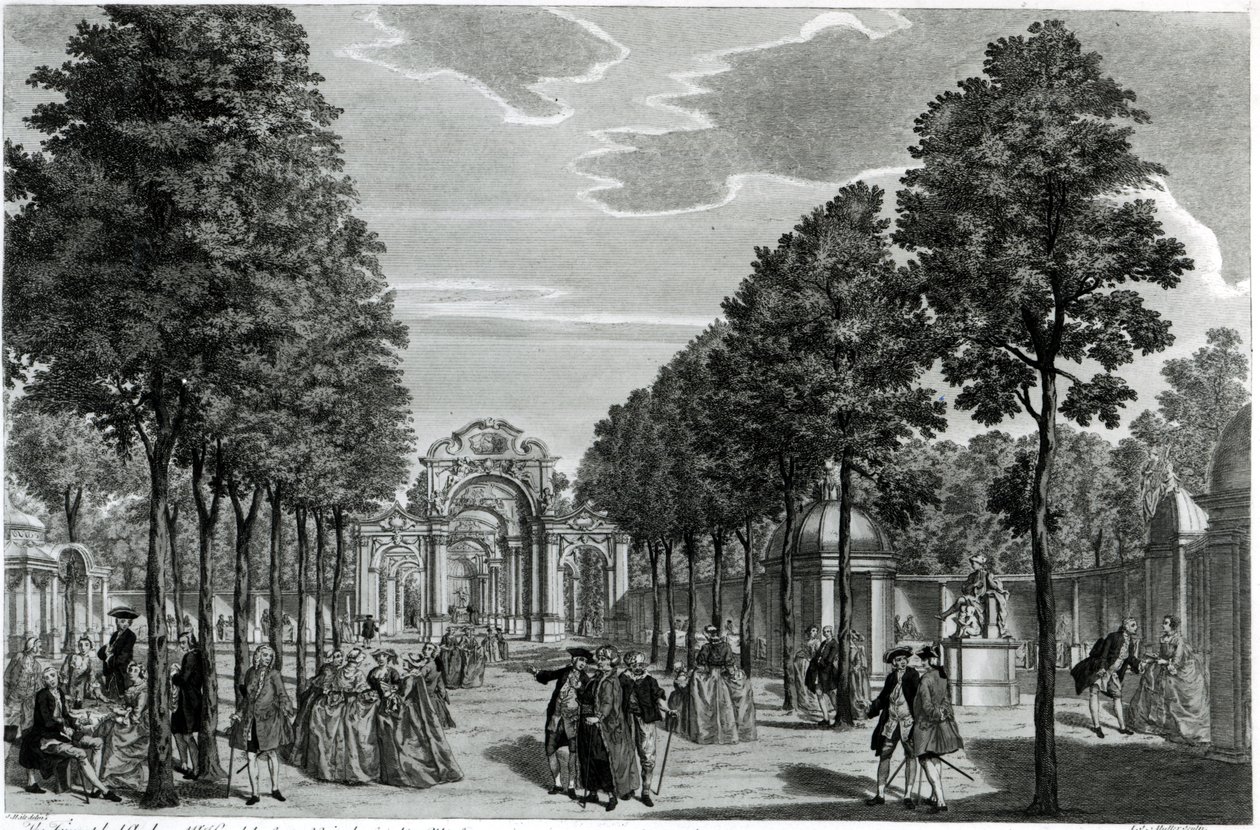 Gli archi trionfali, statua di Handel nel viale sud dei giardini di Vauxhall, inciso da John S. Muller da Samuel Wale