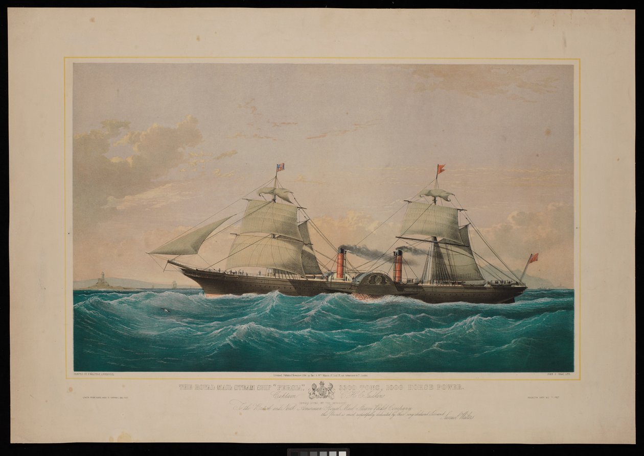 Il piroscafo postale reale Persia... Capitano C H E Jodkins (Inward Bound, al largo delle Skerries) Alla British and North American Royal Mail Steam Packet Company questa stampa è rispettosamente dedicata da Samuel Walters