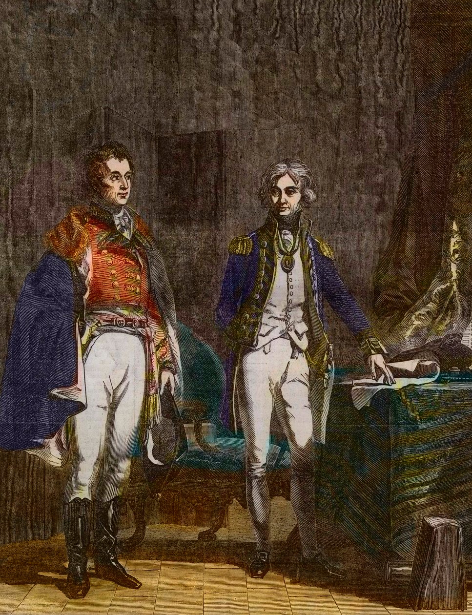 Un incontro tra il Maggiore Generale Sir Arthur Wellesley (Duca di Wellington) e il Vice Ammiraglio Horatio Nelson, settembre 1805, inciso da Samuel William Reynolds (1794-1872) dopo John Prescott Knight (1803-1881) da Samuel William I Reynolds