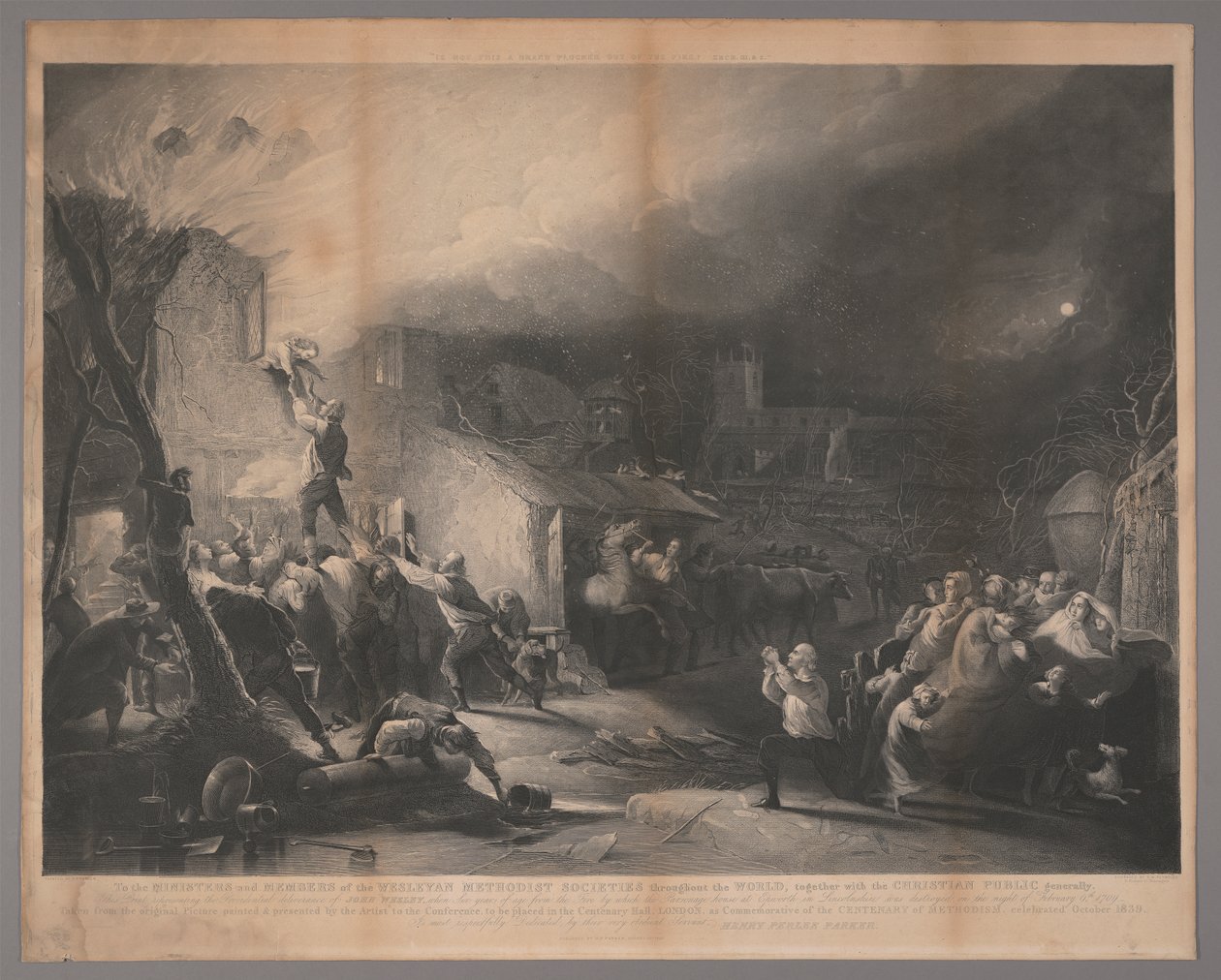 Provvidenziale salvataggio di John Wesley da bambino da un incendio da Samuel William Reynolds