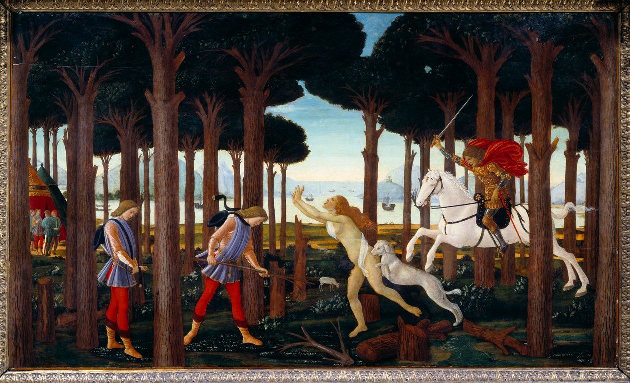 Storia di Nastagio degli Onesti: Incontro con la dannata della pineta, primo pannello di una serie di quattro da Sandro Botticelli