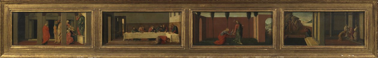 Scene della vita di Maria Maddalena (quattro pannelli predella - a. Cristo che insegna; b. festa nella casa di Simone; c. Noli me Tangere; d. ultimi momenti della Maddalena) da Sandro (after) Botticelli