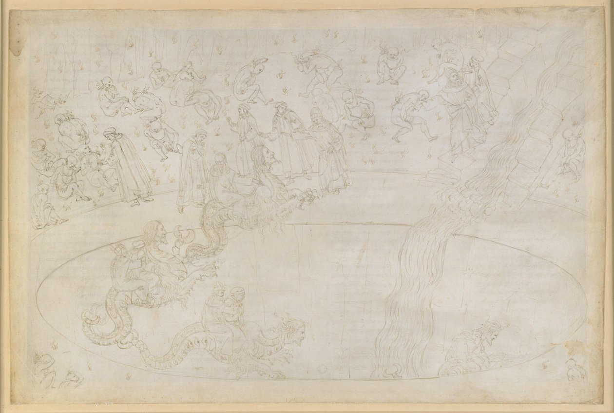 La Divina Commedia, Inferno XVII. Virgilio e Dante nel settimo cerchio dell’Inferno, terza fascia: i violatori dell’ordine divino nel deserto di fiamme, la punizione degli usurai; discesa nelle profondità sul dorso di Gerione da Sandro Botticelli