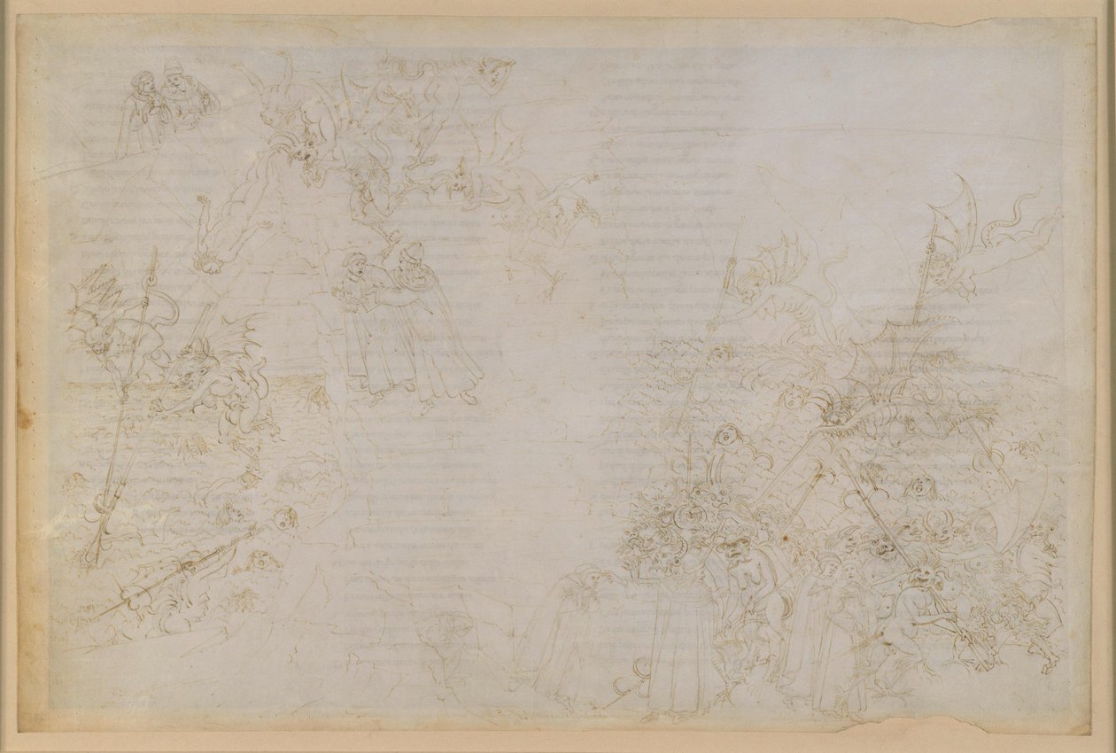 La Divina Commedia, Inferno XXI. Virgilio e Dante nell’ottavo cerchio dell’Inferno (Malebolge), 5ª bolgia: punizione dei corrotti nelle cariche pubbliche; la scorta dei diavoli da Sandro Botticelli