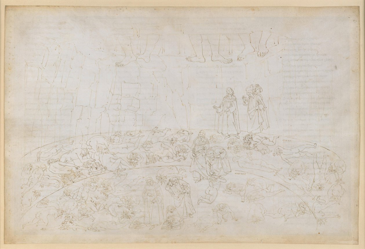 La Divina Commedia, Inferno XXXII. Nono cerchio (Cocito), 1ª e 2ª fascia: punizione dei traditori della famiglia e della patria nel ghiaccio di Caina e Antenora da Sandro Botticelli