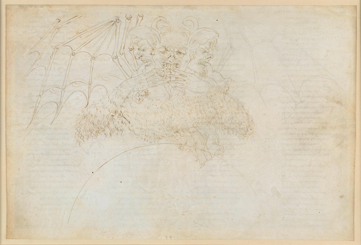 La Divina Commedia, Inferno XXXIV (1): Il centro dell’Inferno: Lucifero che schiaccia Giuda, Bruto e Cassio nel ghiaccio della Giudecca da Sandro Botticelli