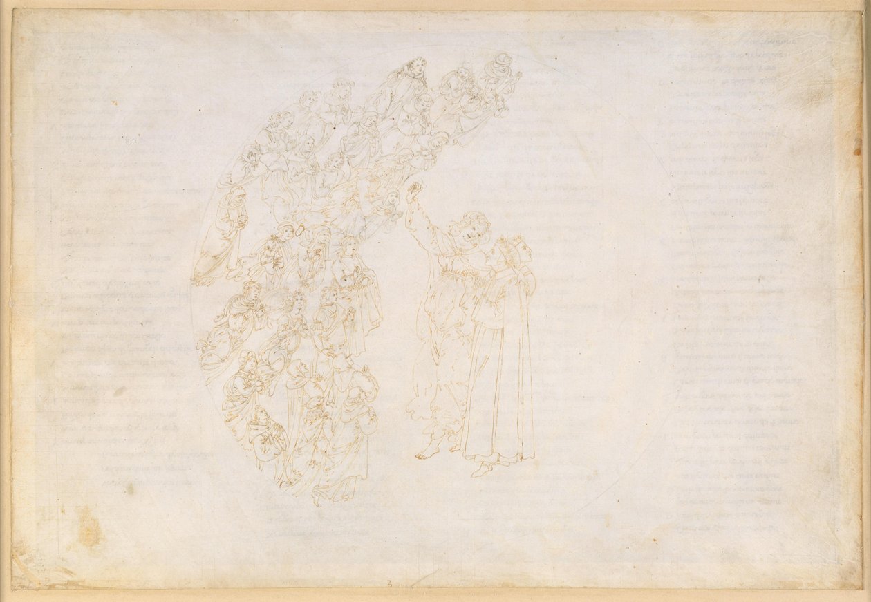 La Divina Commedia, Paradiso III. Prima sfera planetaria (cielo lunare): apparizione delle anime a cui un tempo fu impedito di adempiere a un voto; colloquio di Dante con Piccarda Donati da Sandro Botticelli
