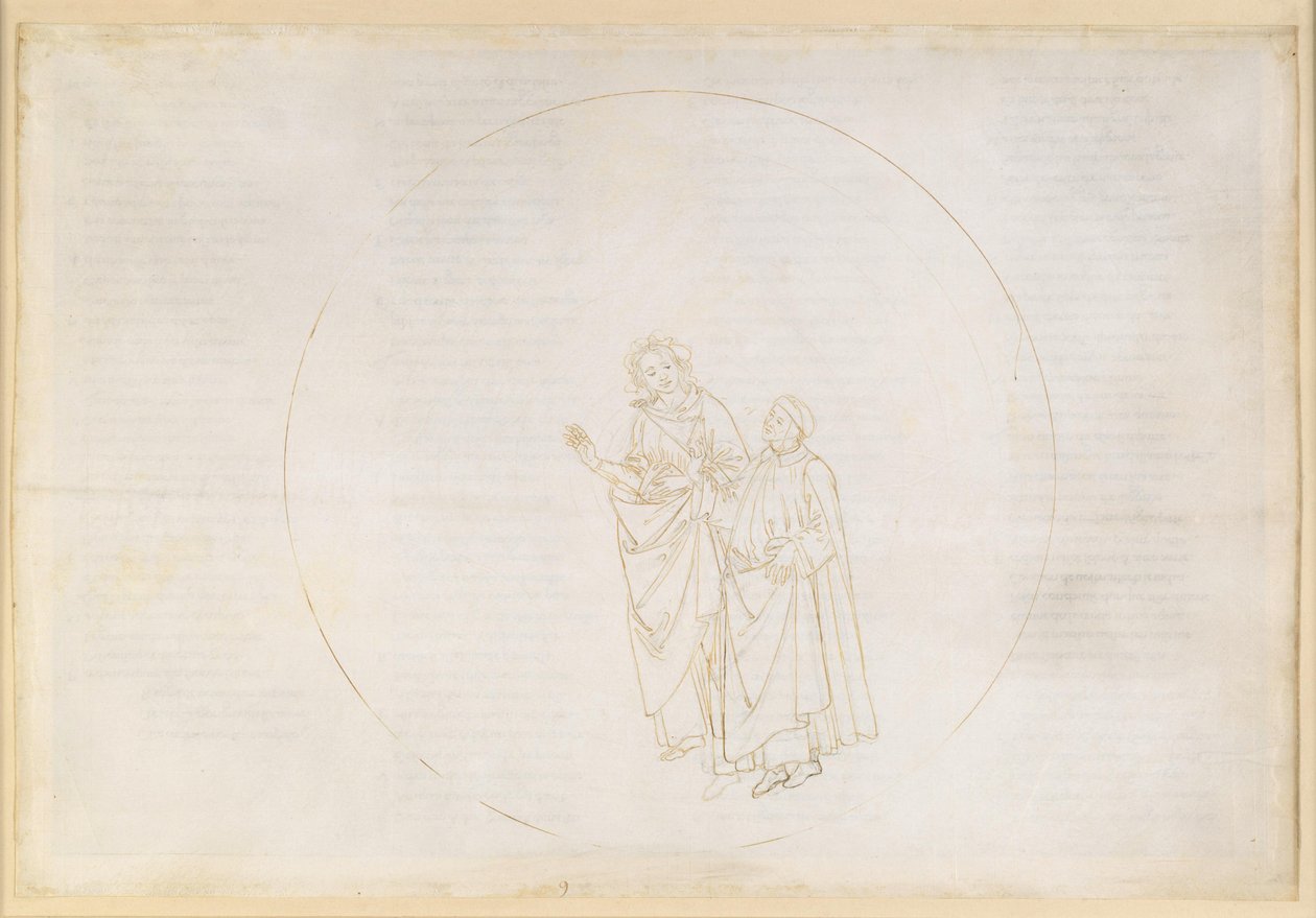 La Divina Commedia, Paradiso IX. Terza sfera planetaria (Cielo di Venere): Cunizza da Romano e Folquet di Marsiglia spiegano a Dante la natura della loro stella da Sandro Botticelli