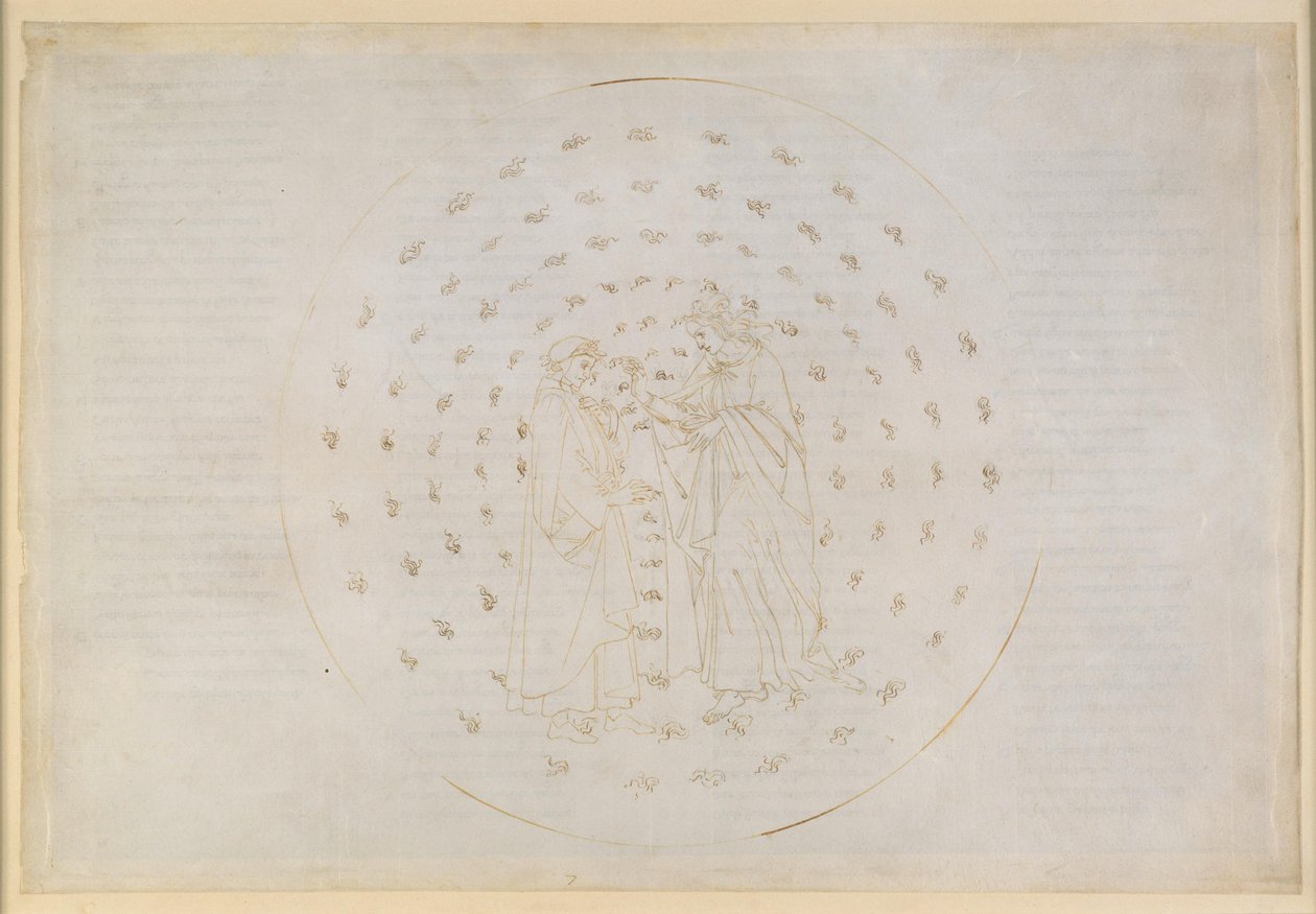 La Divina Commedia, Paradiso VII. Seconda sfera planetaria (Cielo di Mercurio): Beatrice introduce Dante alle complesse questioni della giustizia divina, del peccato originale e della redenzione attraverso la morte di Cristo da Sandro Botticelli