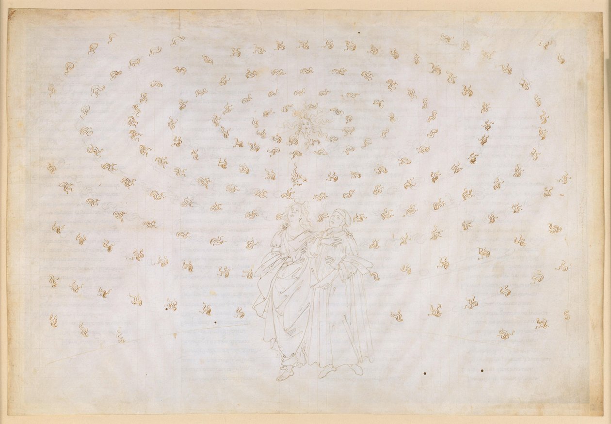 La Divina Commedia, Paradiso XXIV. Ottava sfera (cielo delle stelle fisse): Beatrice chiede a Pietro di mettere alla prova il suo allievo nella vera fede, la prima virtù teologale; la professione di fede di Dante da Sandro Botticelli