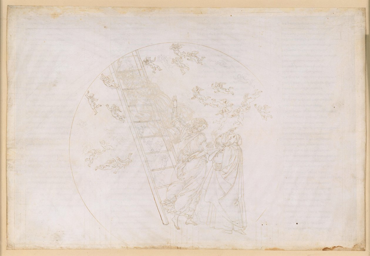 La Divina Commedia, Paradiso XXI. Passaggio alla settima sfera planetaria (Cielo di Saturno): Dante vede la scala di Giacobbe e la luce dei beati che un tempo si sono distinti nella contemplazione; discorso di Pietro Damiani da Sandro Botticelli