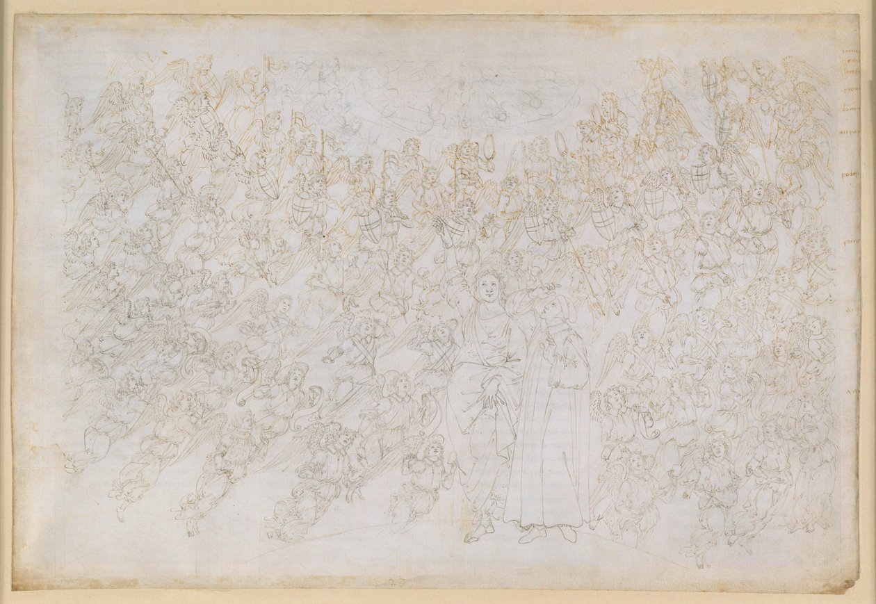 La Divina Commedia, Paradiso XXVIII. Nona sfera (Cielo di Cristallo o Primum Mobile): Dante vede Dio come un punto di luce abbagliante, circondato da cori di angeli; Beatrice illustra la gerarchia e le forze operanti della sfera da Sandro Botticelli