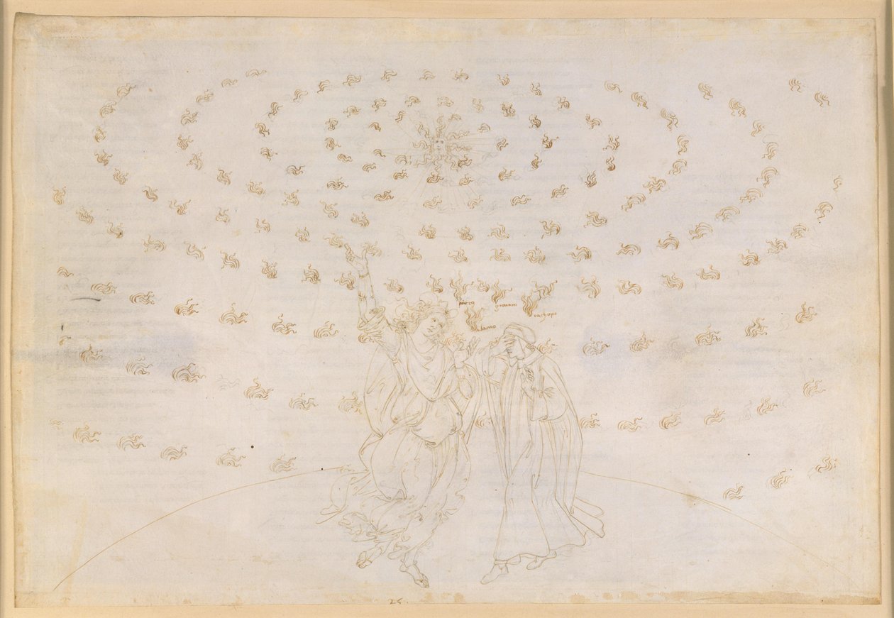 La Divina Commedia, Paradiso XXVI. Ottava sfera (cielo delle stelle fisse): Giovanni interroga Dante sulla terza virtù teologale, l’amore; Dante riacquista la vista con maggiore intensità; appare la luce di Adamo da Sandro Botticelli