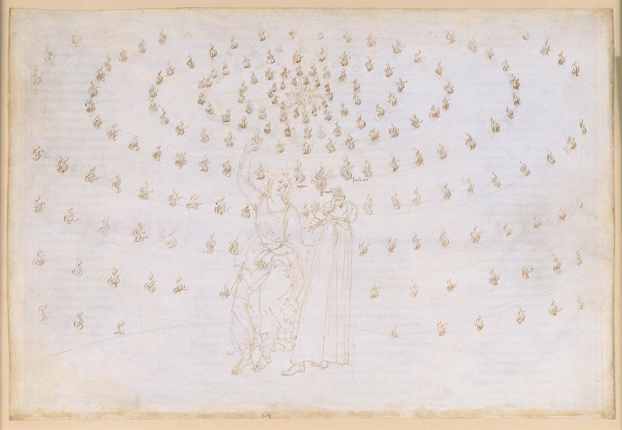 La Divina Commedia, Paradiso XXV. Ottava sfera (cielo delle stelle fisse): Giacomo mette alla prova Dante nella seconda virtù teologale, la speranza; apparizione di Giovanni Evangelista e il suo discorso sulla natura degli esseri in Paradiso; abbagliamento da Sandro Botticelli
