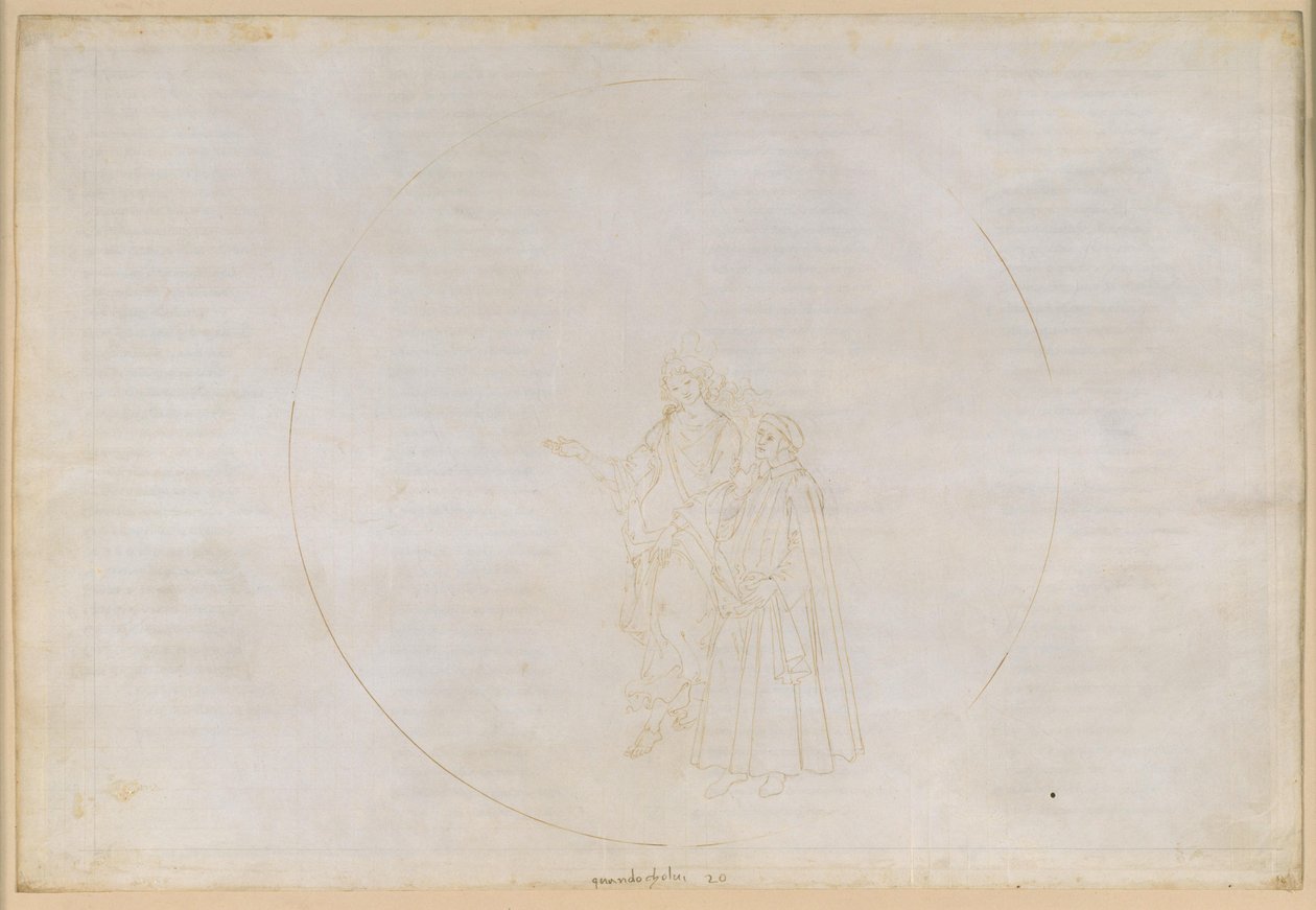 La Divina Commedia, Paradiso XX. Sesta sfera planetaria (Cielo di Giove): l’Aquila indica le fiamme che formano il suo occhio, tra cui due pagani, il che alimenta e infine dissipa i dubbi di Dante da Sandro Botticelli