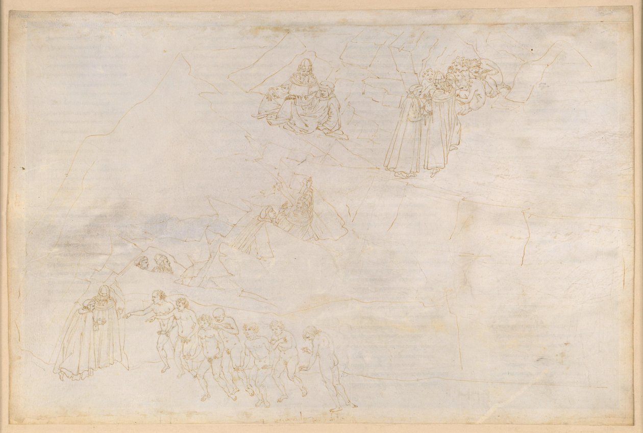 La Divina Commedia, Purgatorio IV. Pre-Purgatorio: l’anello dell’isola, il massiccio di base e la zona centrale; l’ascesa e la penitenza dei pigri da Sandro Botticelli