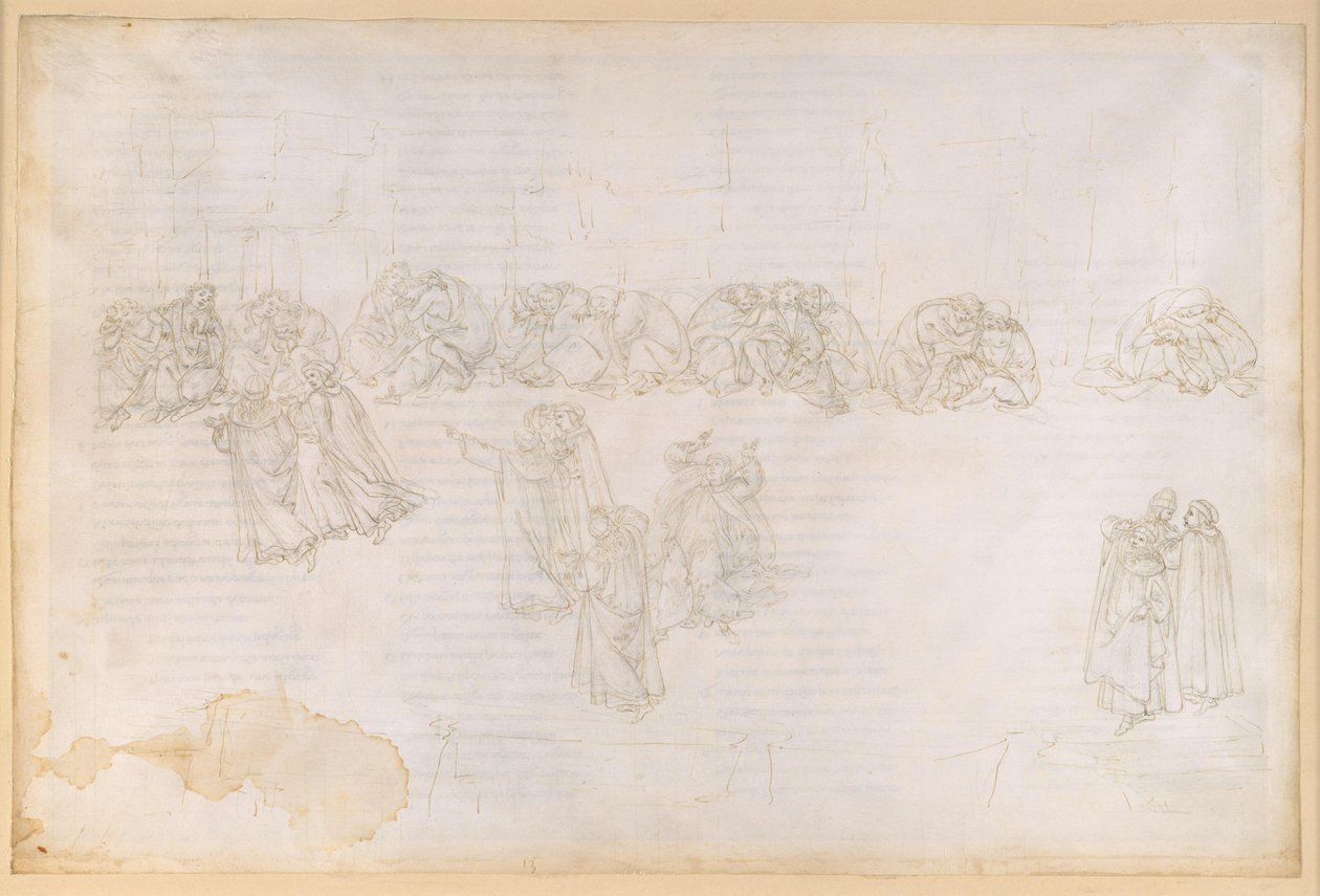 La Divina Commedia, Purgatorio XIII. Secondo anello del Purgatorio: penitenza per l’invidia e la gioia per il male altrui; colloquio con Sapia Salvani da Sandro Botticelli