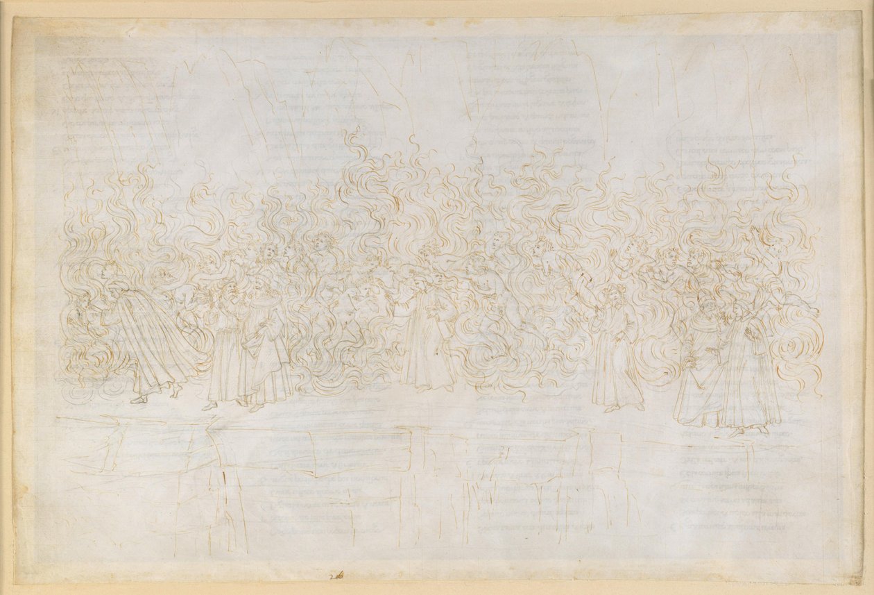 La Divina Commedia, Purgatorio XXVI. Settimo cerchio del Purgatorio: la penitenza dei lussuriosi; il colloquio di Dante con Guido Guinizelli da Sandro Botticelli