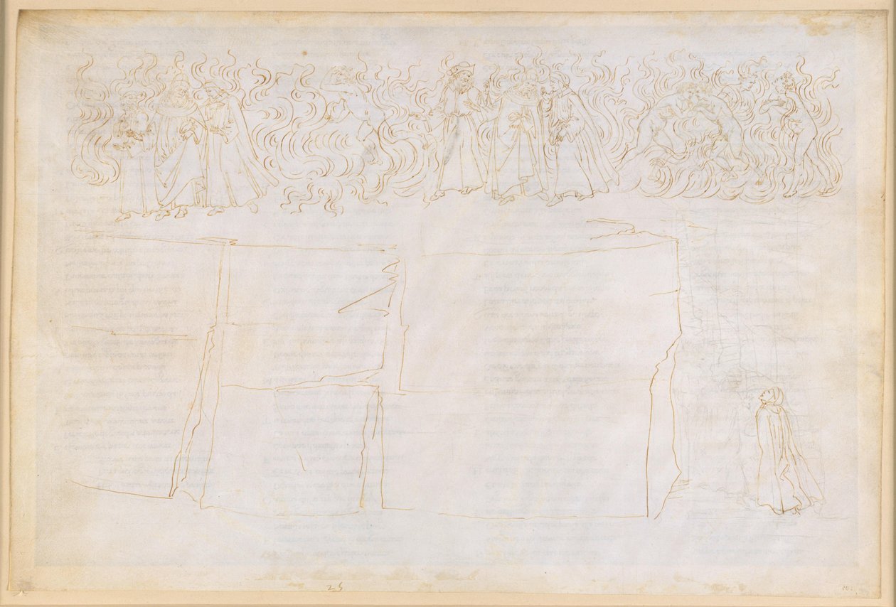 La Divina Commedia, Purgatorio XXV. Ascesa al settimo anello del Purgatorio: insegnamento sulla materialità delle ombre; penitenza dei lussuriosi da Sandro Botticelli