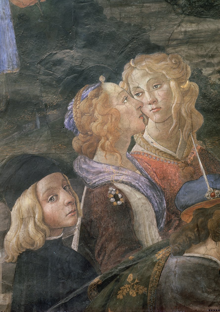 La Purificazione del lebbroso e la Tentazione di Cristo, nella Cappella Sistina: dettaglio di due donne e un giovane ragazzo nella folla da Sandro Botticelli