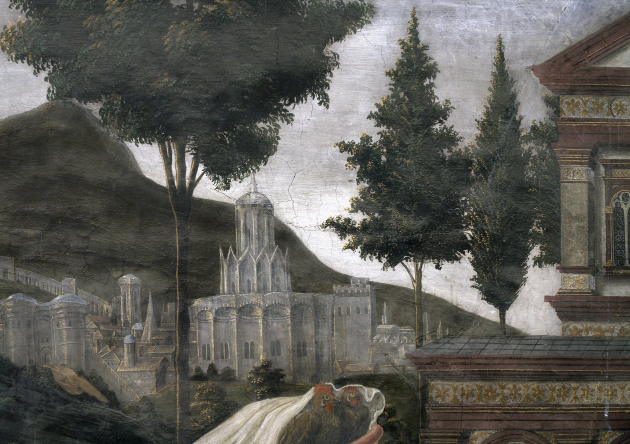 La Purificazione del lebbroso e la Tentazione di Cristo, nella Cappella Sistina: dettaglio di una città immaginaria in un paesaggio da Sandro Botticelli