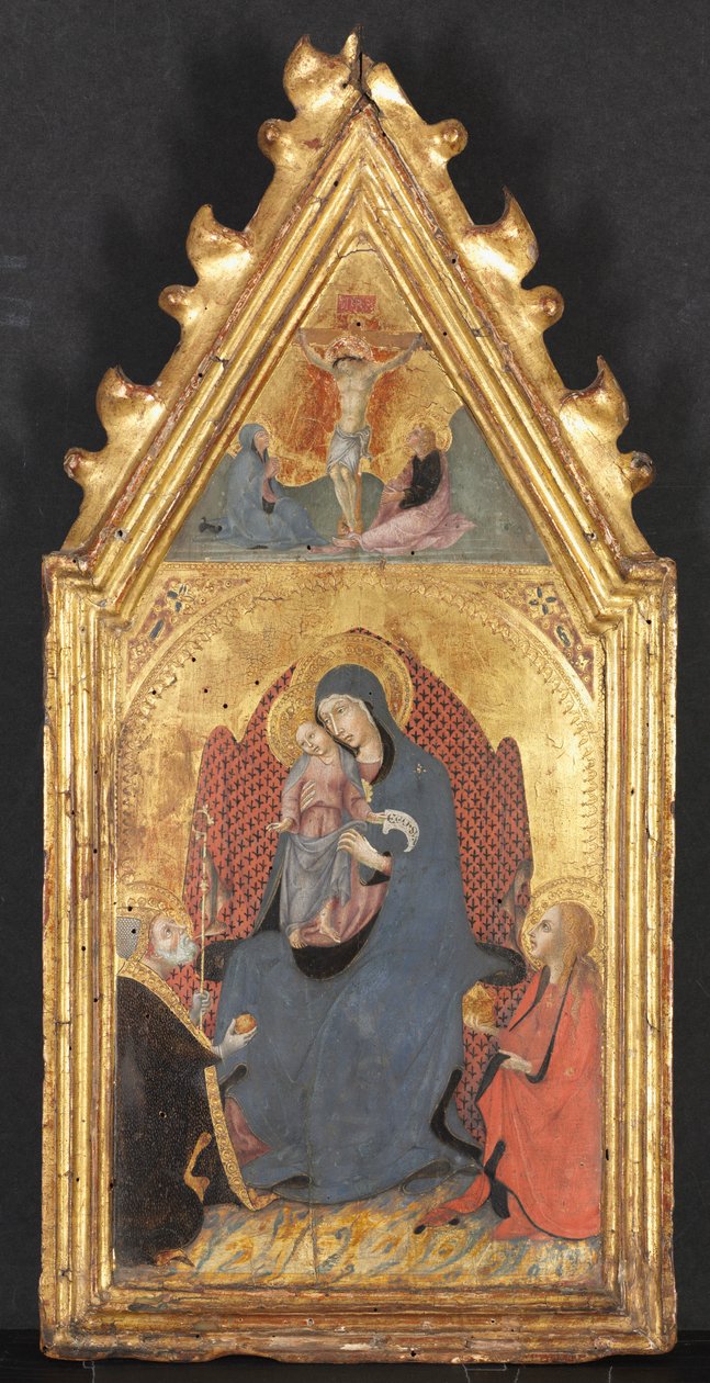 Vergine e Bambino adorati dai santi Maria Maddalena e Nicola di Bari, Cristo crocifisso da Sano di Pietro