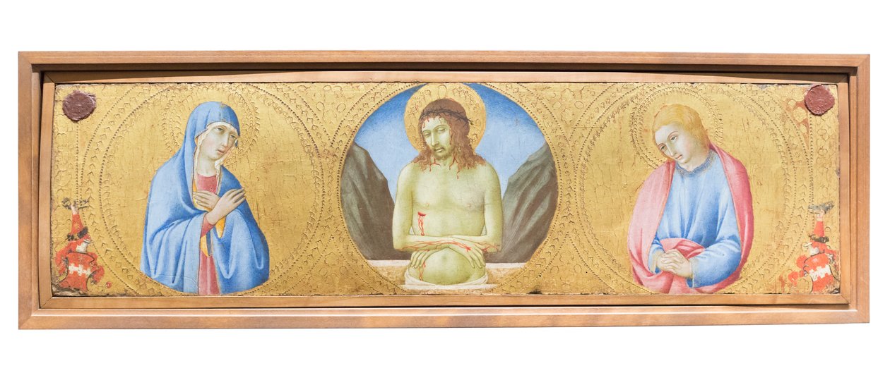 Cristo come uomo dei dolori tra la Vergine Maria e San Giovanni Evangelista da Sano di also Ansano di Pietro di Mencio Pietro