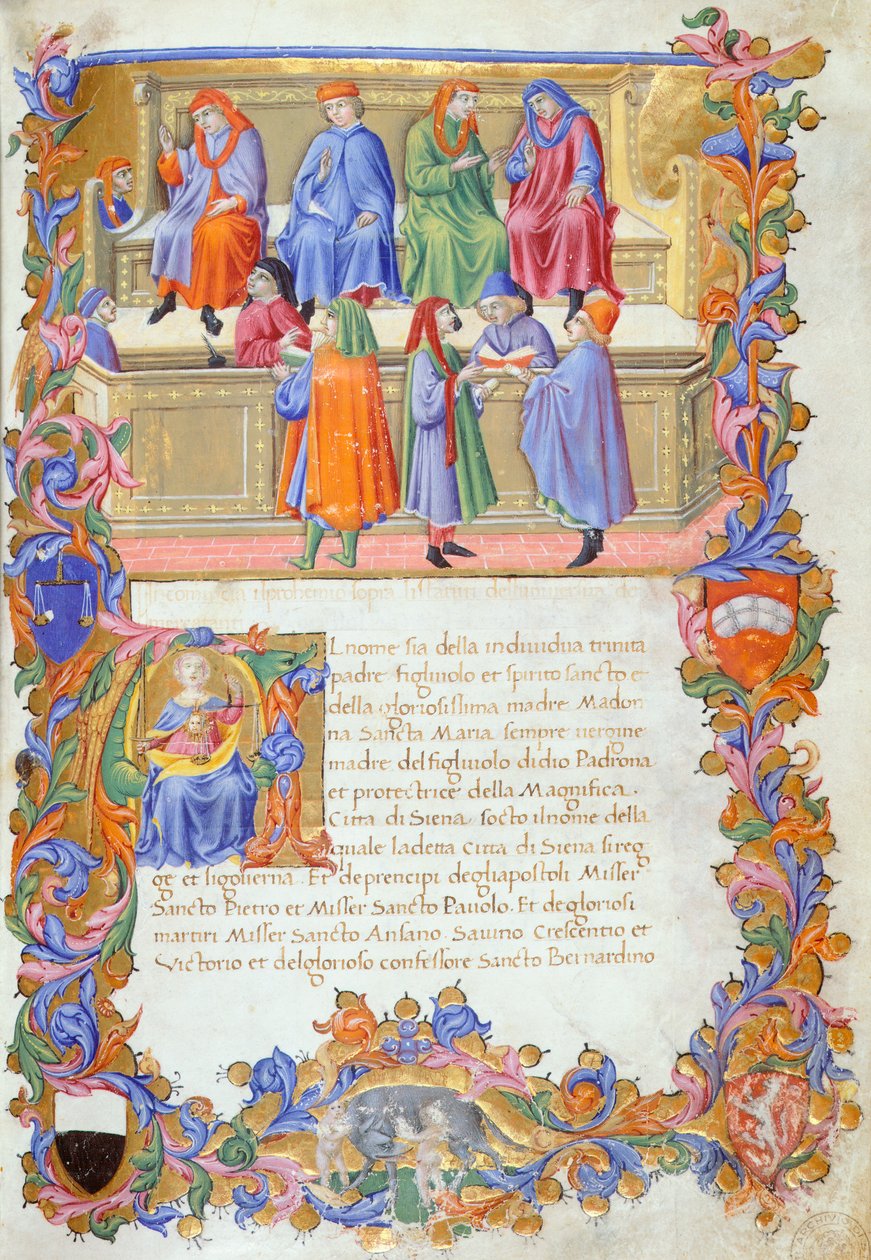 Tribunale della Mercanzia, miniatura dagli Statuti dei Mercanti n. 6 da Sano di also Ansano di Pietro di Mencio Pietro