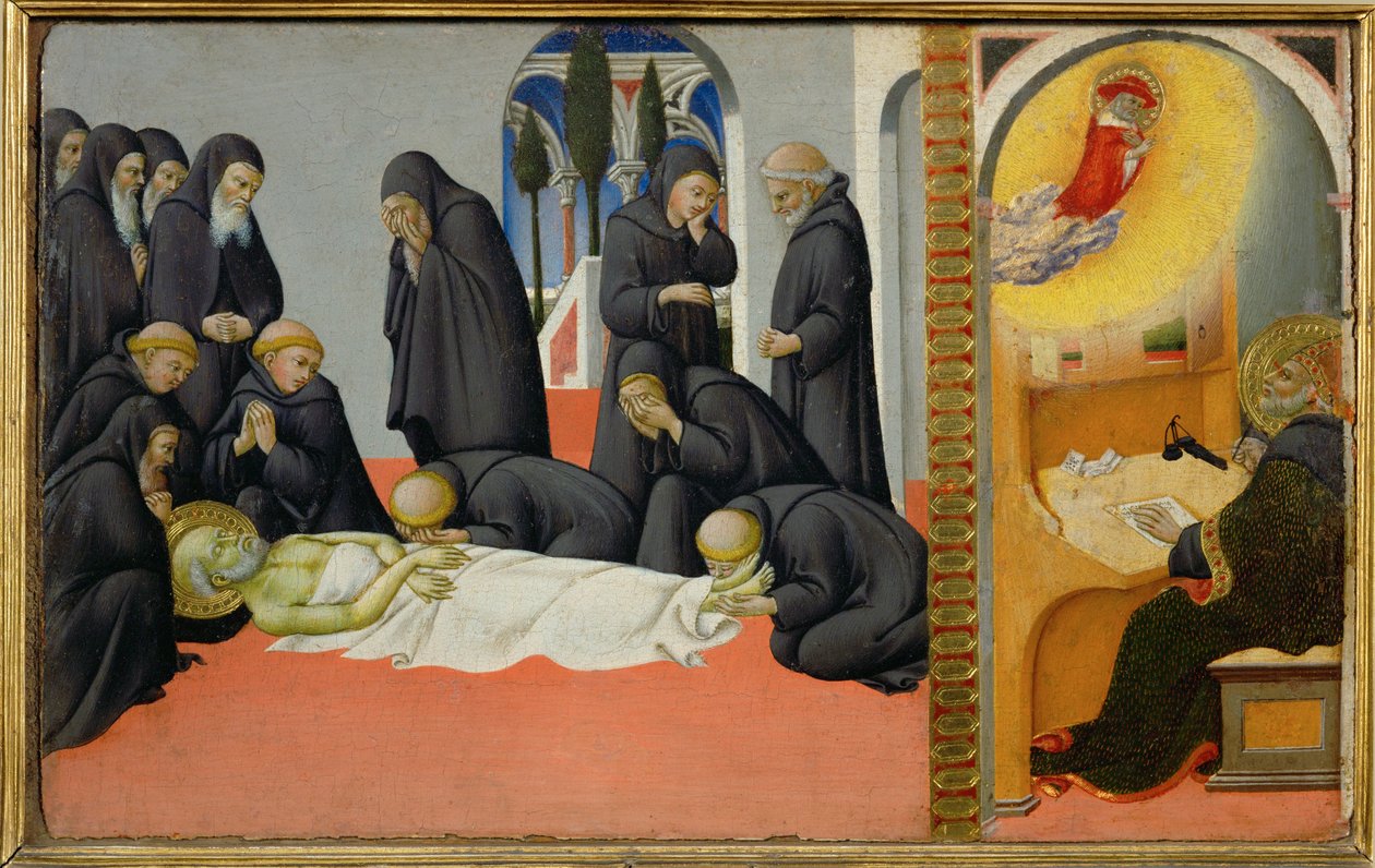 La morte di San Girolamo tra i suoi discepoli: appare a San Cirillo, vescovo di Gerusalemme ... da Sano di also Ansano di Pietro di Mencio Pietro
