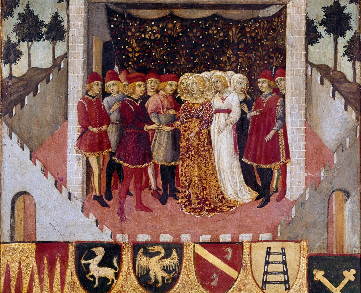 Cerimonia di matrimonio di una coppia della nobiltà della città di Siena Dipinto di Sano di Pietro (1406-1481) che decora una Biccherna (copertina del registro contabile della città di Siena) 1473. Siena Archivio di Stato, Italia da Sano di also Ansano di Pietro di Mencio Pietro