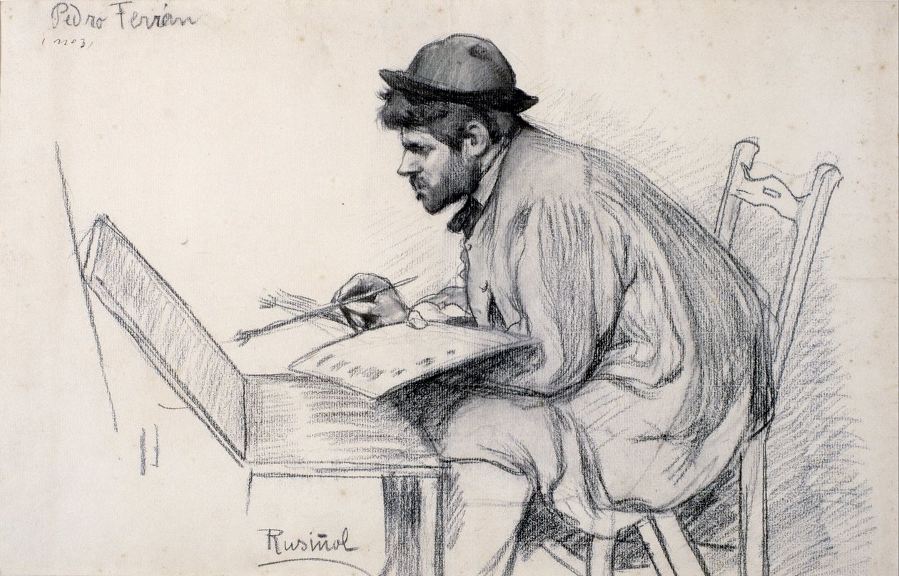 Ritratto di Pere Ferran che dipinge da Santiago Rusiñol