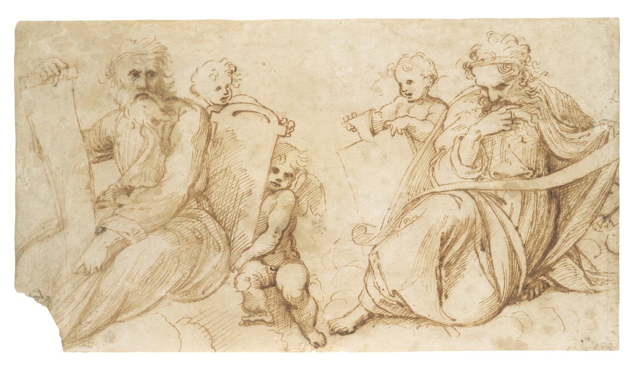 Due profeti con pergamene seduti con putti che tengono tavolette da Sanzio of Urbino Raphael