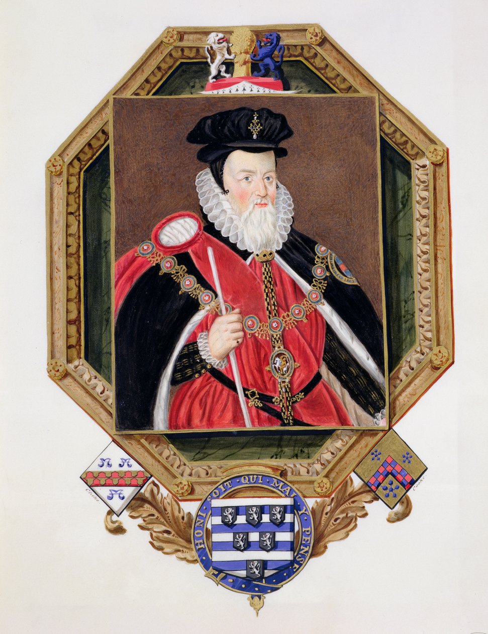 Ritratto di William Cecil (1520-98) 1° Barone Burghley da Memoirs of the Court of Queen Elizabeth, dopo un quadro di Marcus Gheeraerts il Giovane (c.1561-1635) pubblicato nel 1825 da Sarah Countess of Essex