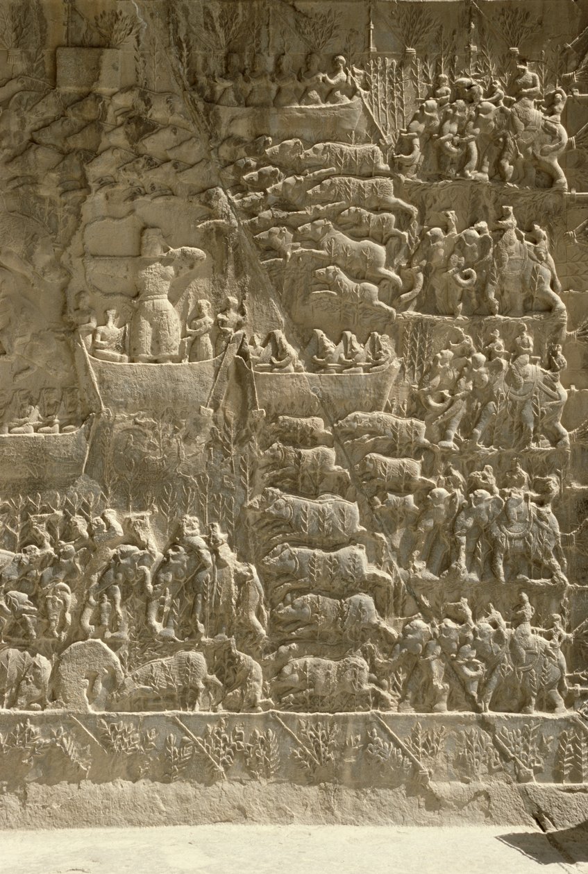 Una caccia al cinghiale reale, probabilmente raffigurante Khosrow II che scocca una freccia da una barca, rilievo dal lato degli aivans, c.620 da Sasanian School