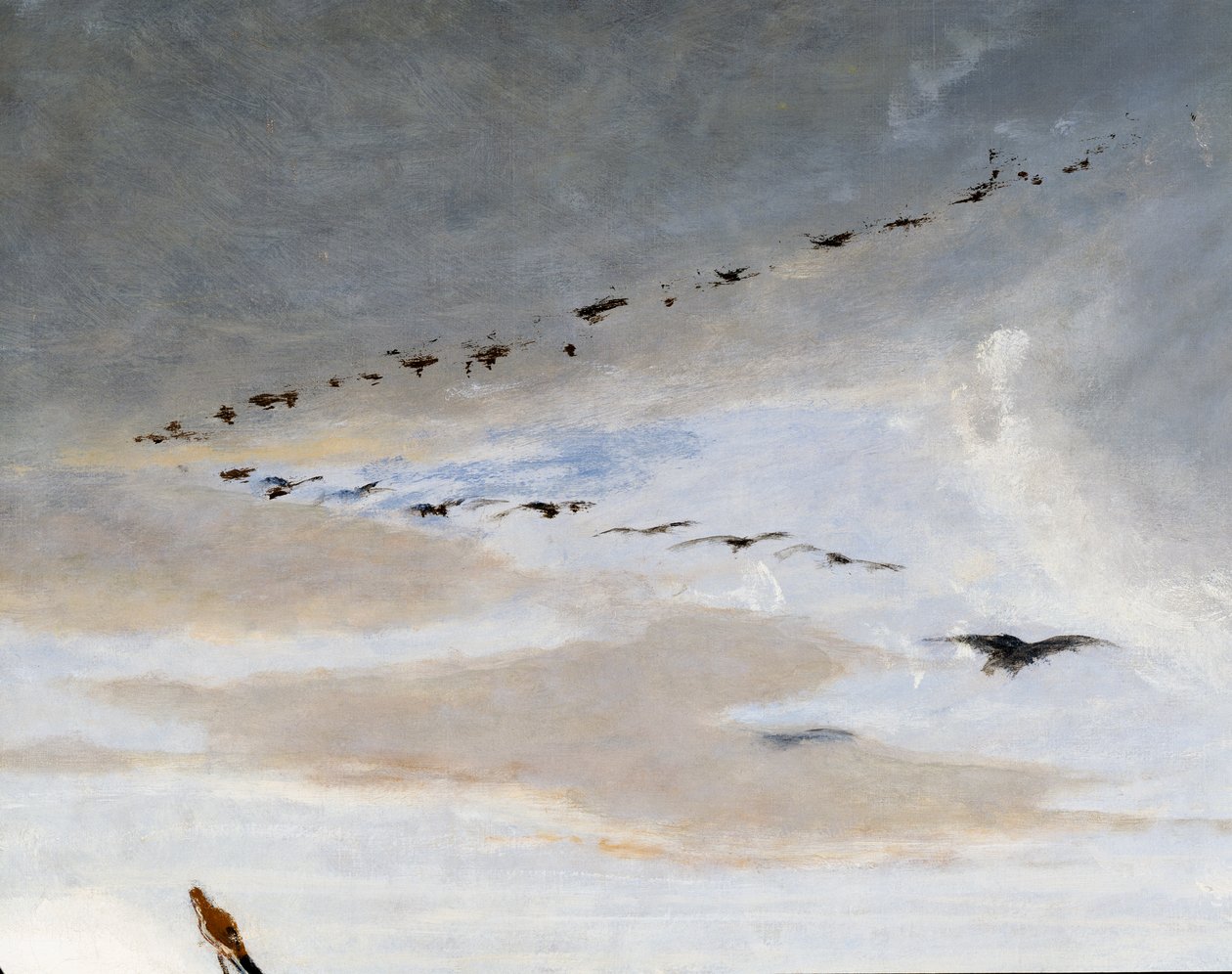 Uccelli in formazione a V, dettaglio da Il trionfo di Mario da Saverio Altamura