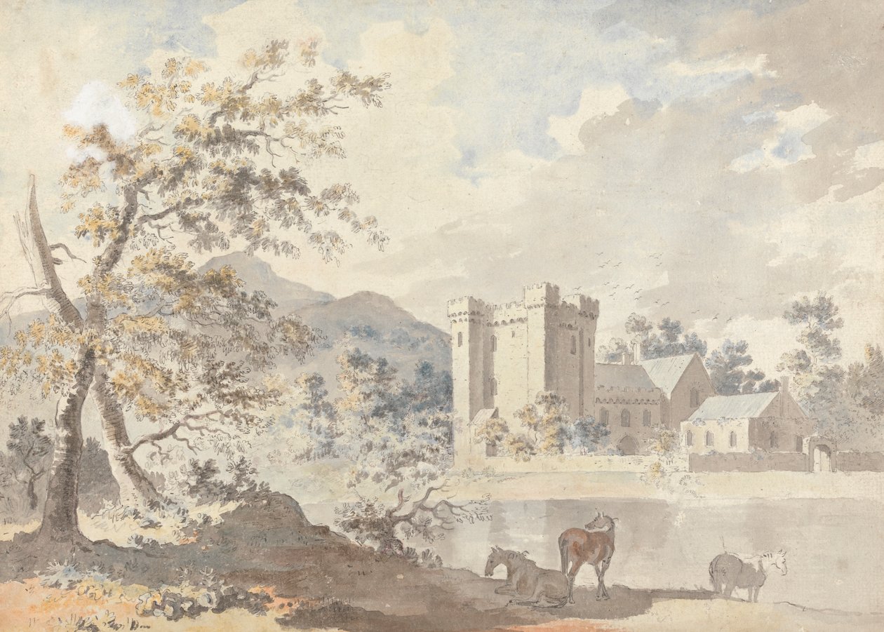 Castello sotto le montagne con cavalli vicino a un fiume da Sawrey Gilpin