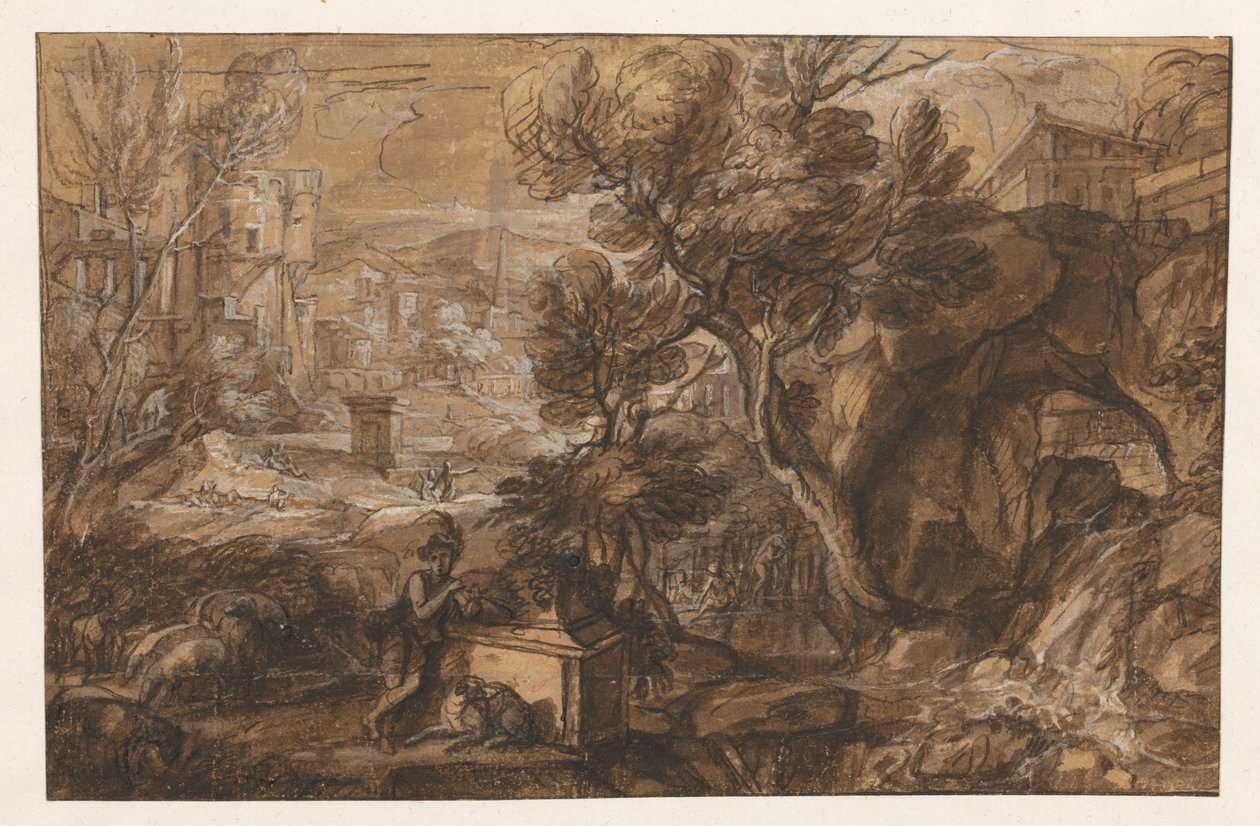 Paesaggio con pastore vicino a un sarcofago antico da Sébastien Bourdon (attributed to)