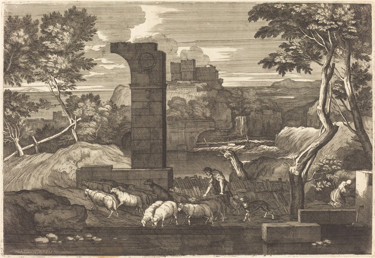 Paesaggio con contadino e il suo gregge da Sébastien Bourdon