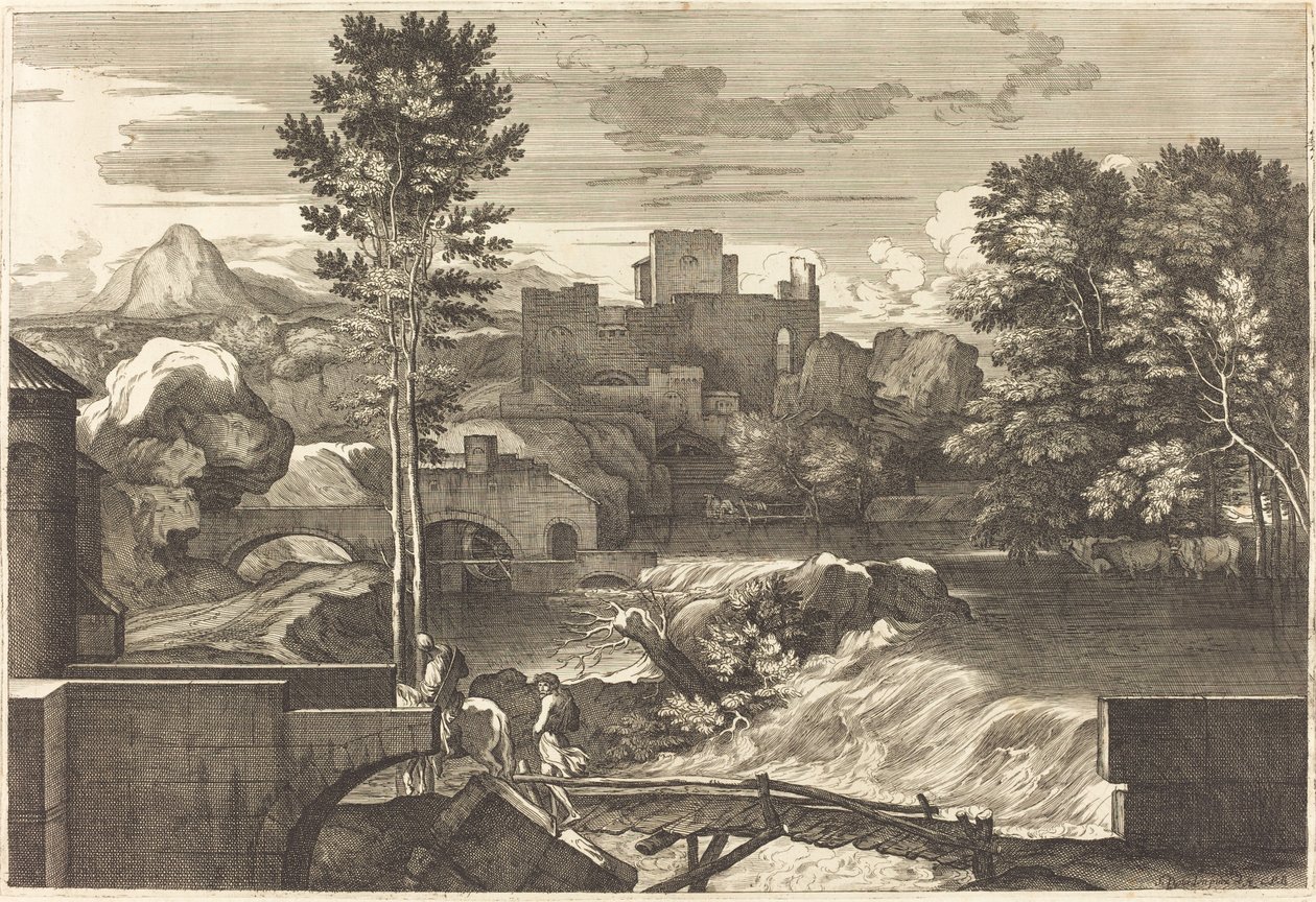 Paesaggio con due figure su un ponte da Sébastien Bourdon